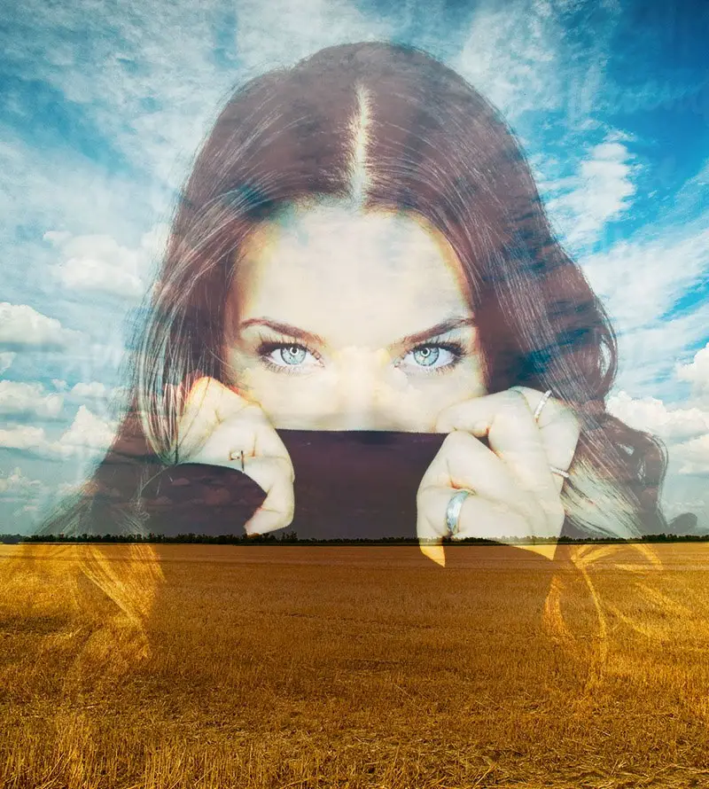 Photo effect - Dissolved in blue sky and yellow wheatfield