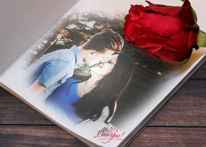 Photo effect - Red rose above the drawing